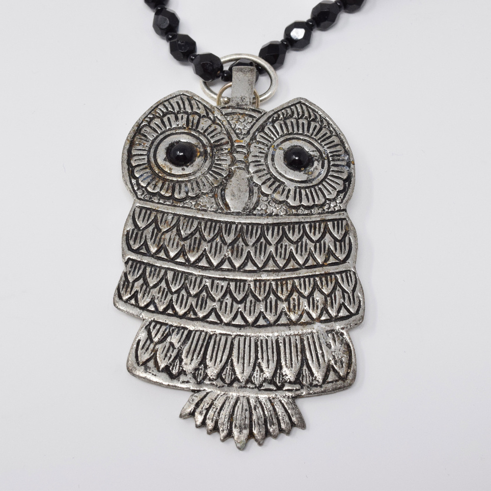 Boho Metal Owl Acrylic Black Bead Statement Necklace Hippie Retro Bird Casual